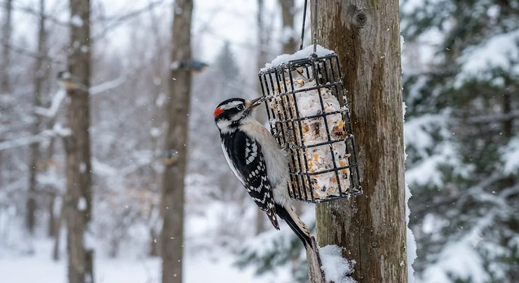 A downy woodpecker feeding on high-energy suet cakes during a cold Canadian winter. best winter suet cakes