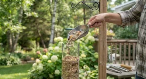 Filling a backyard bird feeder with Canadian-sourced no mess bird seed for minimal cleanup.