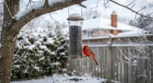 A bird feeder filled with black oil sunflower seeds in a Canadian winter garden setting.