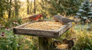 Fresh cracked corn used as a reliable single ingredient bird seed for backyard wildlife.