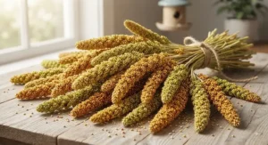 A vibrant collection of fresh, hand-harvested millet spray stalks suitable for budgies and other small birds.