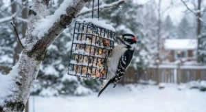 A hairy woodpecker feeding on premium winter suet blocks in a snow-covered Canadian garden.