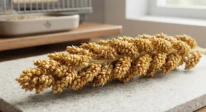 Close-up of golden, nutrient-rich millet spray, a healthy and popular snack for pet budgies in Canada.