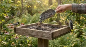 Nutritious single ingredient bird seed poured onto a wooden platform feeder outdoors.
