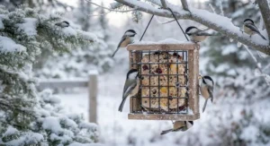 Close-up of premium high-energy suet cakes attracting chickadees in a snowy backyard.