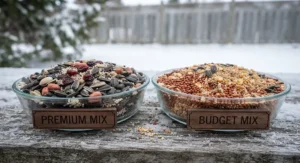 Hanging suet cake paired with winter bird seed blocks providing essential fat and calories for woodpeckers and nuthatches in winter.