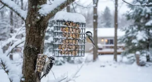 High-fat winter suet cakes hanging in a snowy backyard tree to attract northern bird species.