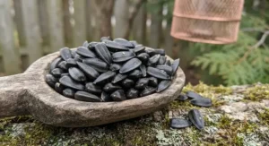Close-up of nutrient-rich black oil sunflower seeds, a favorite energy source for Canadian backyard birds.