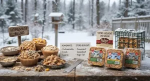 A comparison layout showing nutritious store-bought winter suet cakes ready for backyard feeding.