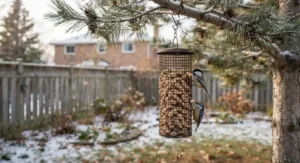 Wire mesh peanut feeder hanging from a pine tree in a suburban Canadian backyard.