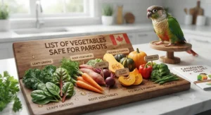 An informative guide detailing safe vegetables for parrots available in Canadian grocery stores.