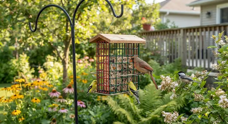 A colorful backyard bird feeder stocked with no melt suet for summer feeding, attracting native Canadian birds.