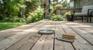 A clean deck surface underneath a bird feeder using no mess bird seed, ideal for Canadian urban settings.