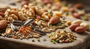 Close-up view of grains, seeds, and nuts inside a high-quality Canadian parrot seed mix.