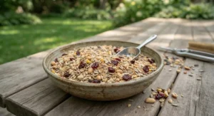 A bowl filled with nutritious, shell-free no mess bird seed ingredients suitable for Canadian songbirds.