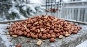 Pile of shelled peanuts providing high-energy fat and protein for wild birds during cold weather.