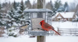 Tiny black nyjer winter bird seed pouring from a mesh sock feeder to attract American goldfinches and pine siskins across Canada.