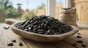 Pile of clean, high-oil-content black oil sunflower seeds, locally sourced for Canadian wildlife.
