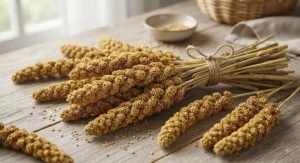 An assortment of organic millet spray for budgies, highlighting the natural seeds and stalks.
