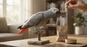An African Grey parrot focused on earning a training treat while learning a new trick at home.