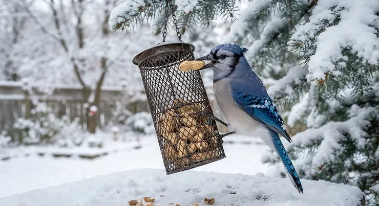 Blue jay eating raw peanuts from a backyard bird feeder during a snowy Canadian winter.