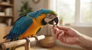 A colorful parrot eating a tiny training treat from its owner's hand during a positive reinforcement session.