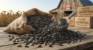 Freshly harvested Canadian-grown black oil sunflower seeds ready for bulk delivery to Canadian homes.