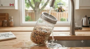Rinsing dry bird seed in a mason jar with mesh strainer lid during the soaking phase