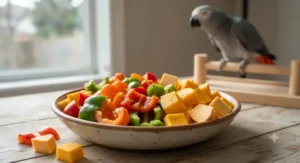 Colorful bell peppers and winter squash cut into pieces as safe vegetables for pet parrots.