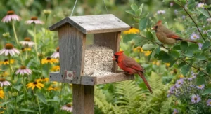 White safflower single ingredient bird seed attracting northern cardinals in a Canadian garden.