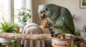 A senior parrot happily chewing on nutritious best nutriberries for parrots during feeding time