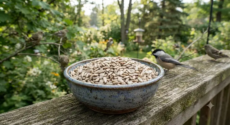 A bowl of premium single ingredient sunflower hearts bird seed for backyard feeding in Canada.