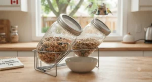 Bird seed sprouting jars resting at an angle on a kitchen counter for optimal drainage