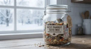 An airtight container used to store the best parrot seed mix fresh during the Canadian winter.