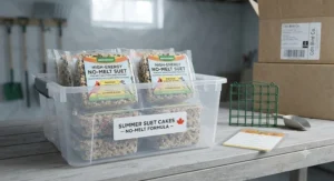Packages of high-energy no melt suet for summer stored in a cool place, ready for warm-weather bird feeding.