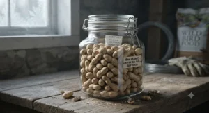 Air-tight container filled with raw peanuts for wild birds to prevent moisture and mould.