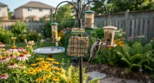 A backyard bird feeding station equipped with a specialized cage holding no melt suet for summer use.