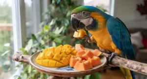 Mango and papaya pieces representing tropical selections on the safe fruits for parrots list