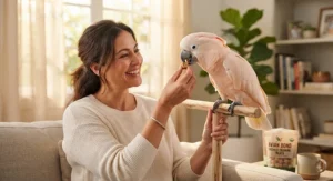 A happy bird owner using small parrot training treats to build a stronger bond with their pet cockatoo.