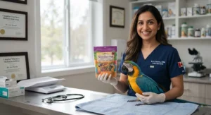 An avian veterinarian holding a bag of the best nutriberries for parrots at a Canadian animal clinic