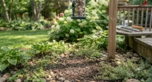 A garden area showing no seed hulls on the ground, thanks to the use of waste-free no mess bird seed.