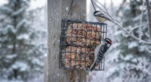 A metal wire suet feeder filled with the best suet cakes for attracting diverse bird species.