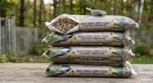 Stack of bags representing a bulk small bird food value pack for Canadian bird watchers.