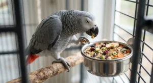 An African Grey parrot enjoying a nutritious meal of natural parrot food from an enrichment dish.