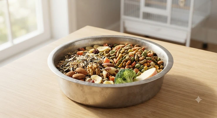 Bowl of balanced African grey parrot food featuring pellets, seeds, and fresh nuts suited for pet birds in Canada.