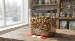 Airtight container keeping dry parrot food for large parrots fresh through changing Canadian seasons.