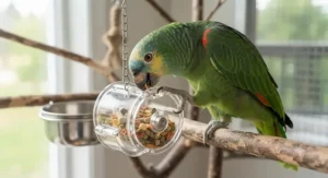 Green Amazon parrot engaging with a foraging toy filled with healthy food pellets