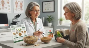 An avian veterinarian consulting with a Canadian bird owner about switching from seed mix to small bird pellets.
