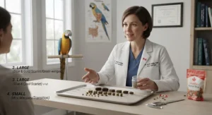 An avian veterinarian in Canada explaining the importance of choosing the right macaw pellet size.