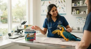 A Canadian veterinarian examining a pet bird and discussing parrot food for feather health.